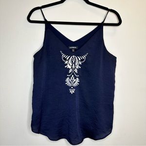 Express Dark Blue  Floral Embroidered Strappy Top Tank Sz M Womens Lined V-Neck